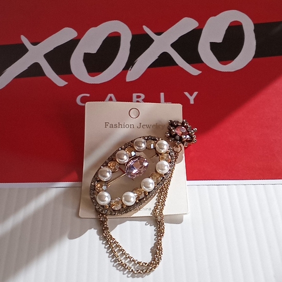 Pink Tourmaline & Pearl Rhinestoned Chain Brooch - Picture 9 of 11